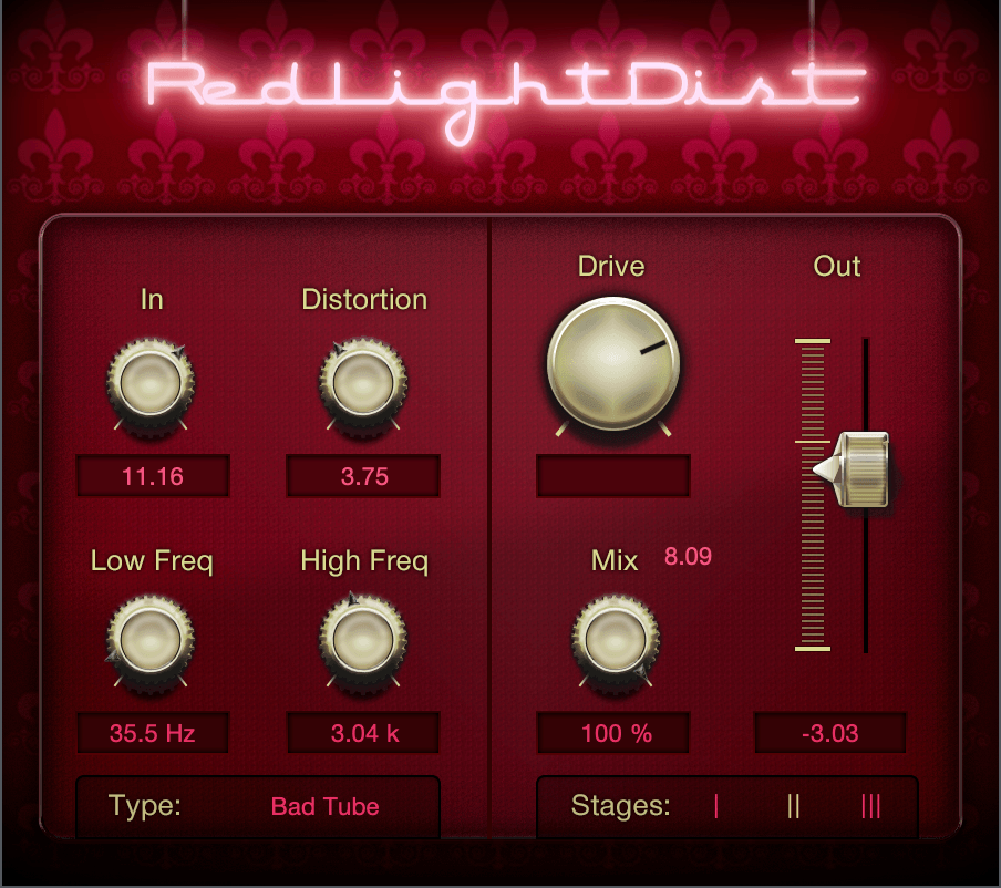 Studio One Red Light Distortion plugin saturation 6 modèles